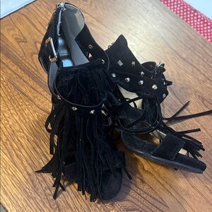 Black Fringe Women's Heeled Sandals